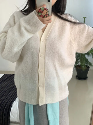 Soft Fuzzy Loose Fit Shoulder Drop V-Neck Cardigan