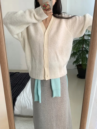 Soft Fuzzy Loose Fit Shoulder Drop V-Neck Cardigan