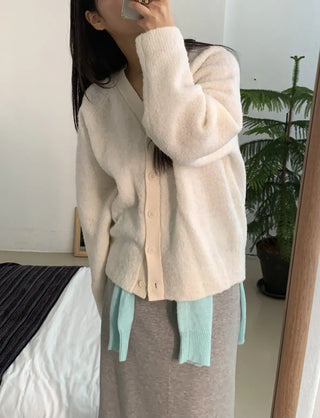 Soft Fuzzy Loose Fit Shoulder Drop V-Neck Cardigan