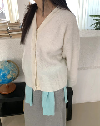 Soft Fuzzy Loose Fit Shoulder Drop V-Neck Cardigan