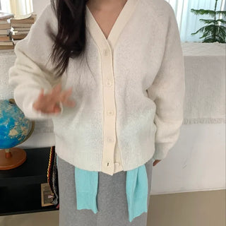 Soft Fuzzy Loose Fit Shoulder Drop V-Neck Cardigan