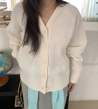 Soft Fuzzy Loose Fit Shoulder Drop V-Neck Cardigan