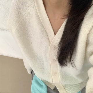 Soft Fuzzy Loose Fit Shoulder Drop V-Neck Cardigan