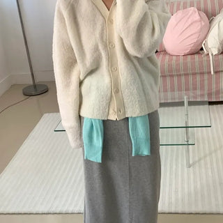 Soft Fuzzy Loose Fit Shoulder Drop V-Neck Cardigan