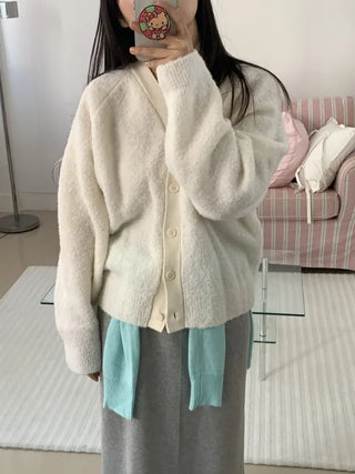 Soft Fuzzy Loose Fit Shoulder Drop V-Neck Cardigan