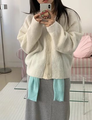 Soft Fuzzy Loose Fit Shoulder Drop V-Neck Cardigan