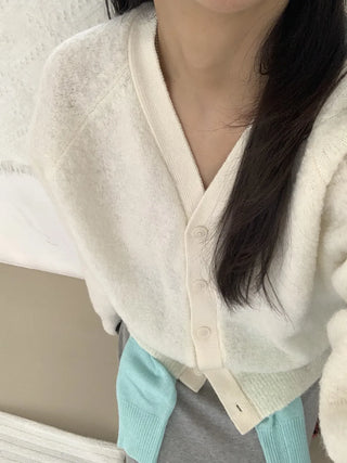 Soft Fuzzy Loose Fit Shoulder Drop V-Neck Cardigan