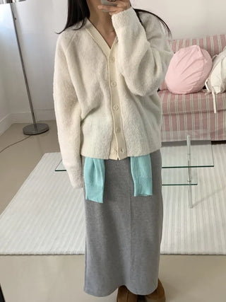 Soft Fuzzy Loose Fit Shoulder Drop V-Neck Cardigan