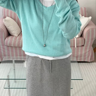 Tone-on-Tone Layered V-Neck Slim Fit Angora Knit