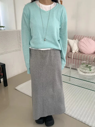 Tone-on-Tone Layered V-Neck Slim Fit Angora Knit