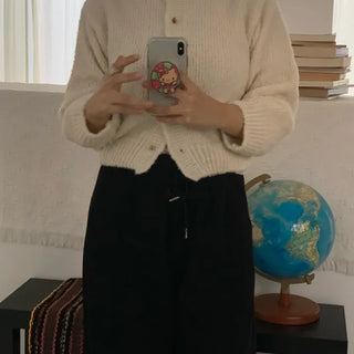Soft Mohair Puff Sleeve Button Neck Knit Cardigan