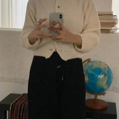 Soft Mohair Puff Sleeve Button Neck Knit Cardigan