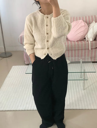 Soft Mohair Puff Sleeve Button Neck Knit Cardigan