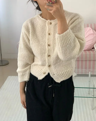 Soft Mohair Puff Sleeve Button Neck Knit Cardigan