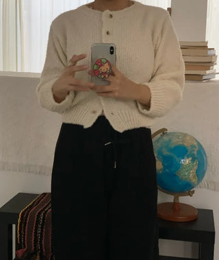 Soft Mohair Puff Sleeve Button Neck Knit Cardigan