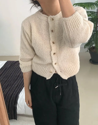 Soft Mohair Puff Sleeve Button Neck Knit Cardigan
