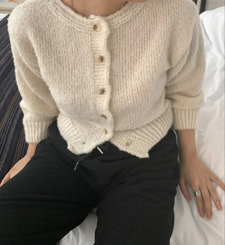 Soft Mohair Puff Sleeve Button Neck Knit Cardigan