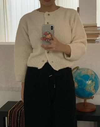 Soft Mohair Puff Sleeve Button Neck Knit Cardigan