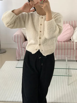 Soft Mohair Puff Sleeve Button Neck Knit Cardigan