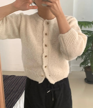 Soft Mohair Puff Sleeve Button Neck Knit Cardigan