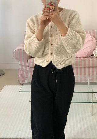 Soft Mohair Puff Sleeve Button Neck Knit Cardigan