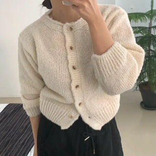 Soft Mohair Puff Sleeve Button Neck Knit Cardigan