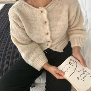 Soft Mohair Puff Sleeve Button Neck Knit Cardigan