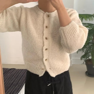 Soft Mohair Puff Sleeve Button Neck Knit Cardigan