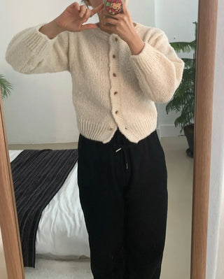 Soft Mohair Puff Sleeve Button Neck Knit Cardigan