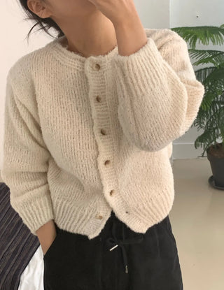 Soft Mohair Puff Sleeve Button Neck Knit Cardigan