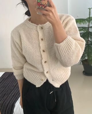 Soft Mohair Puff Sleeve Button Neck Knit Cardigan
