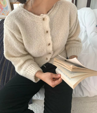 Soft Mohair Puff Sleeve Button Neck Knit Cardigan