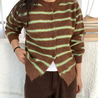 Retro Stripe Oversized Button Cardigan Knit Set