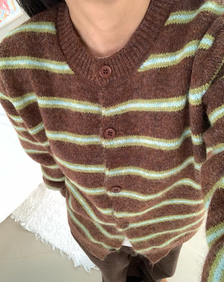 Retro Stripe Oversized Button Cardigan Knit Set