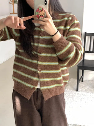 Retro Stripe Oversized Button Cardigan Knit Set