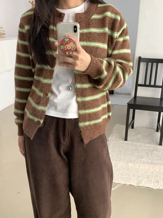 Retro Stripe Oversized Button Cardigan Knit Set