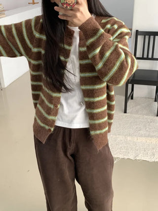 Retro Stripe Oversized Button Cardigan Knit Set
