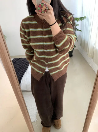 Retro Stripe Oversized Button Cardigan Knit Set