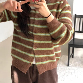 Retro Stripe Oversized Button Cardigan Knit Set