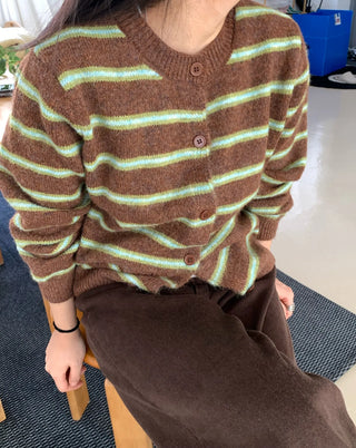 Retro Stripe Oversized Button Cardigan Knit Set