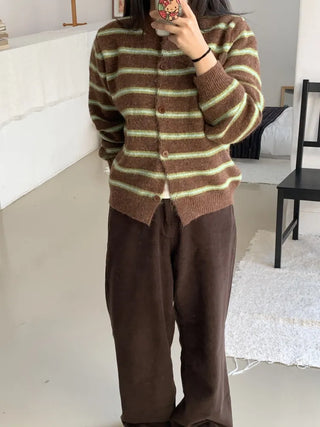Retro Stripe Oversized Button Cardigan Knit Set