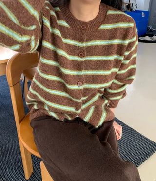 Retro Stripe Oversized Button Cardigan Knit Set