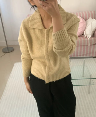 Cozy Fit Angora Collar Crop Zip-Up Knit