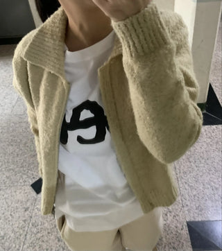 Cozy Fit Angora Collar Crop Zip-Up Knit