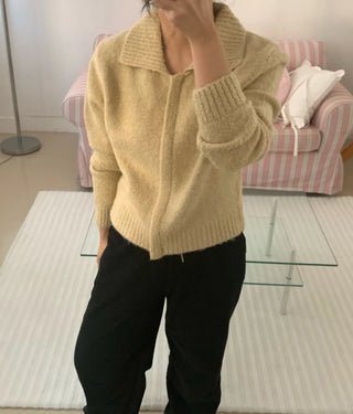 Cozy Fit Angora Collar Crop Zip-Up Knit