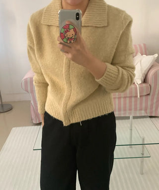 Cozy Fit Angora Collar Crop Zip-Up Knit