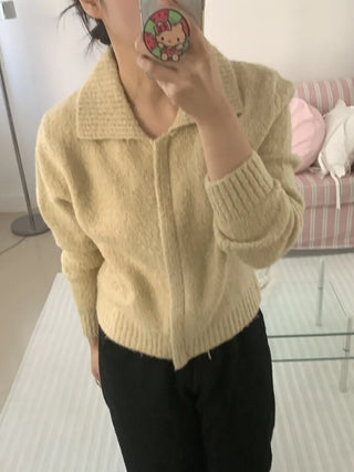 Cozy Fit Angora Collar Crop Zip-Up Knit
