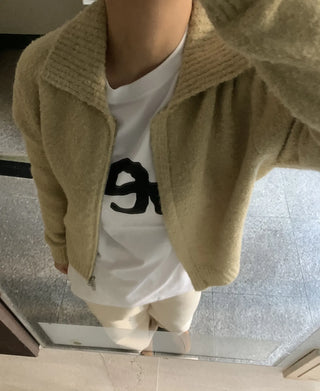 Cozy Fit Angora Collar Crop Zip-Up Knit