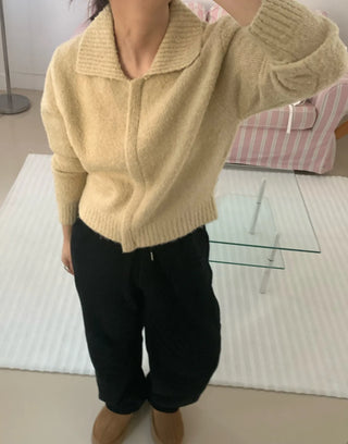 Cozy Fit Angora Collar Crop Zip-Up Knit