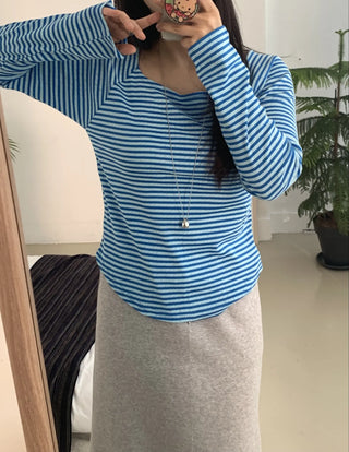 Marine Stripe V-Neck Slim Fit Long Sleeve T-Shirt